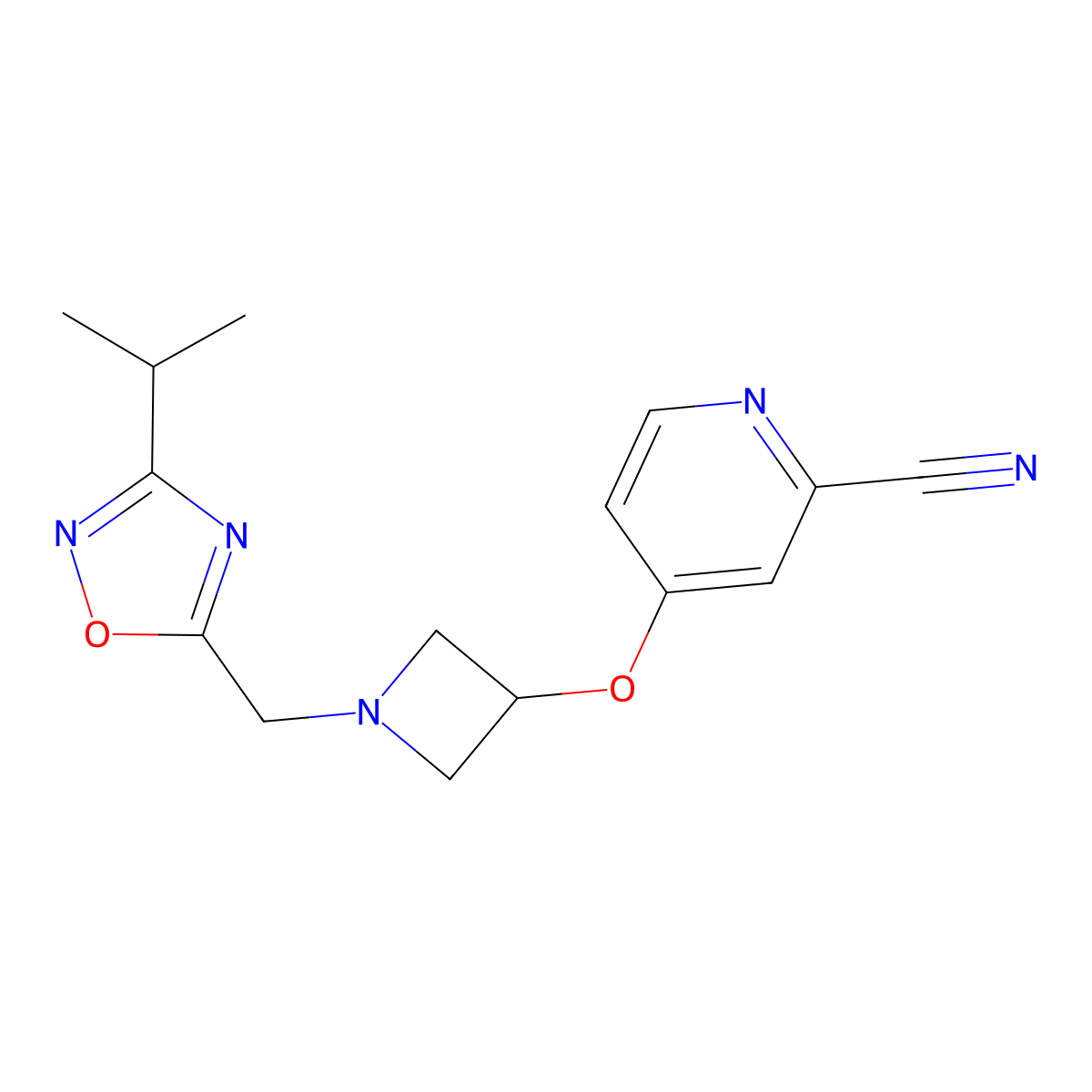 4-[(1-{[3-(Propan-2-yl)-1,2,4-oxadiazol-5-yl]methyl}azetidin-3-yl)oxy]pyridine-2-carbonitrile molecular structure, CAS 2877630-26-5