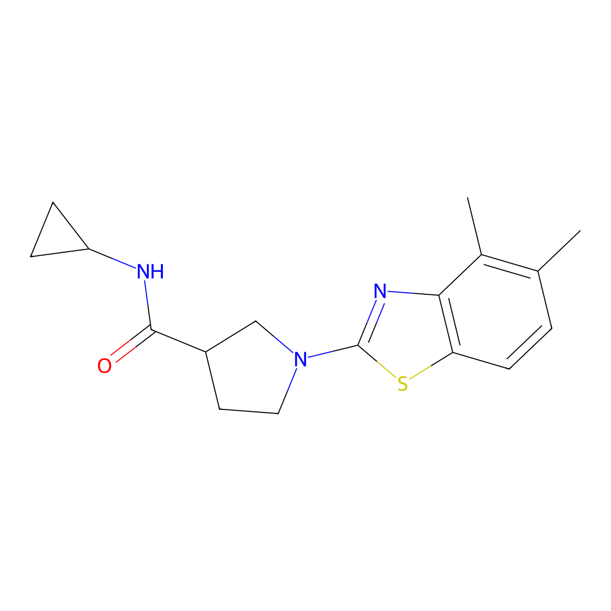 N-cyclopropyl-1-(4,5-dimethyl-1,3-benzothiazol-2-yl)pyrrolidine-3-carboxamide molecular structure, CAS 2877630-27-6
