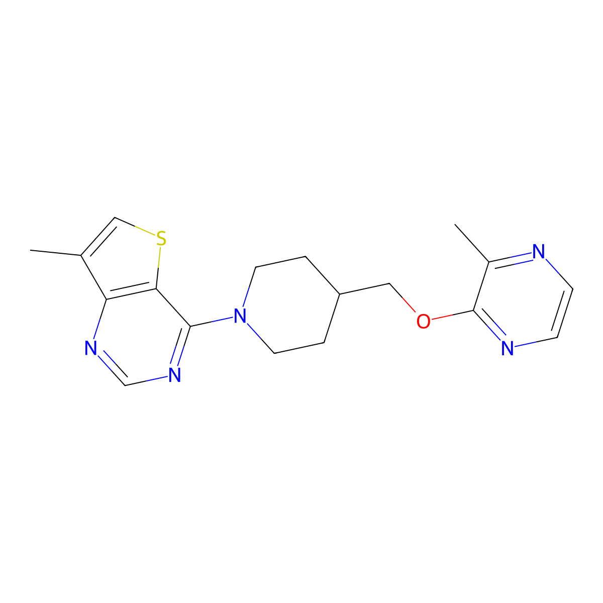 2-Methyl-3-[(1-{7-methylthieno[3,2-d]pyrimidin-4-yl}piperidin-4-yl)methoxy]pyrazine molecular structure, CAS 2877630-28-7