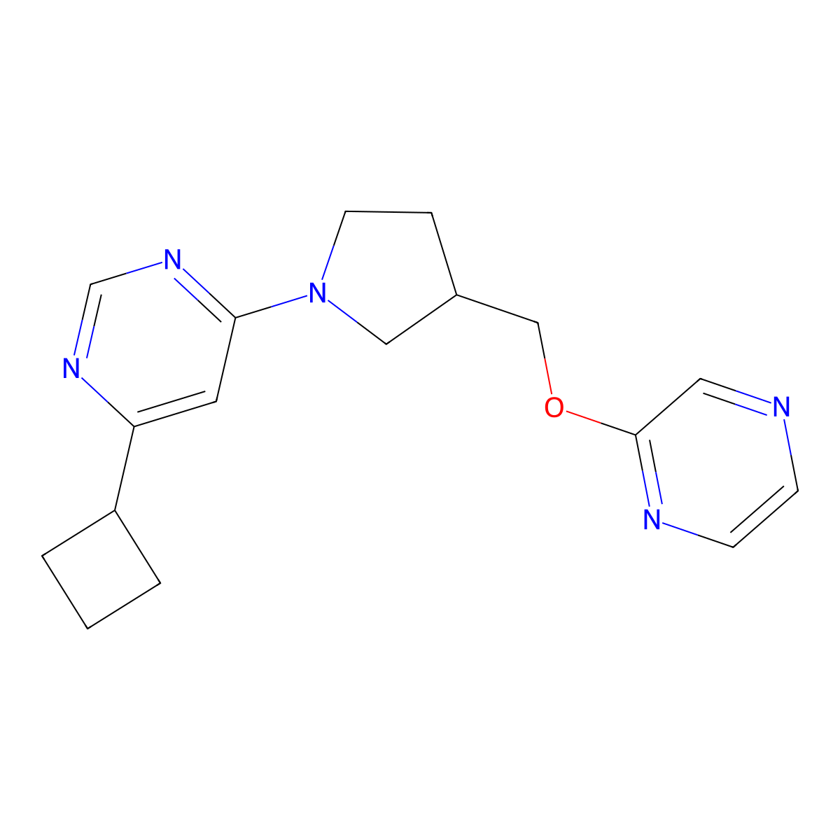 4-Cyclobutyl-6-{3-[(pyrazin-2-yloxy)methyl]pyrrolidin-1-yl}pyrimidine molecular structure, CAS 2877630-29-8