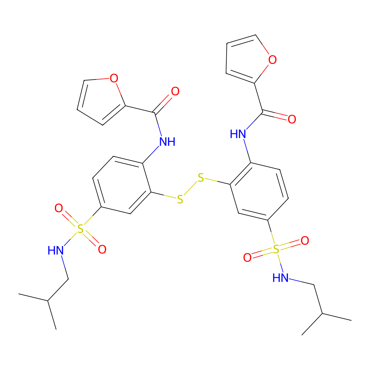 N-(2-{[2-(furan-2-amido)-5-[(2-methylpropyl)sulfamoyl]phenyl]disulfanyl}-4-[(2-methylpropyl)sulfamoyl]phenyl)furan-2-carboxamide molecular structure, CAS 2877630-36-7