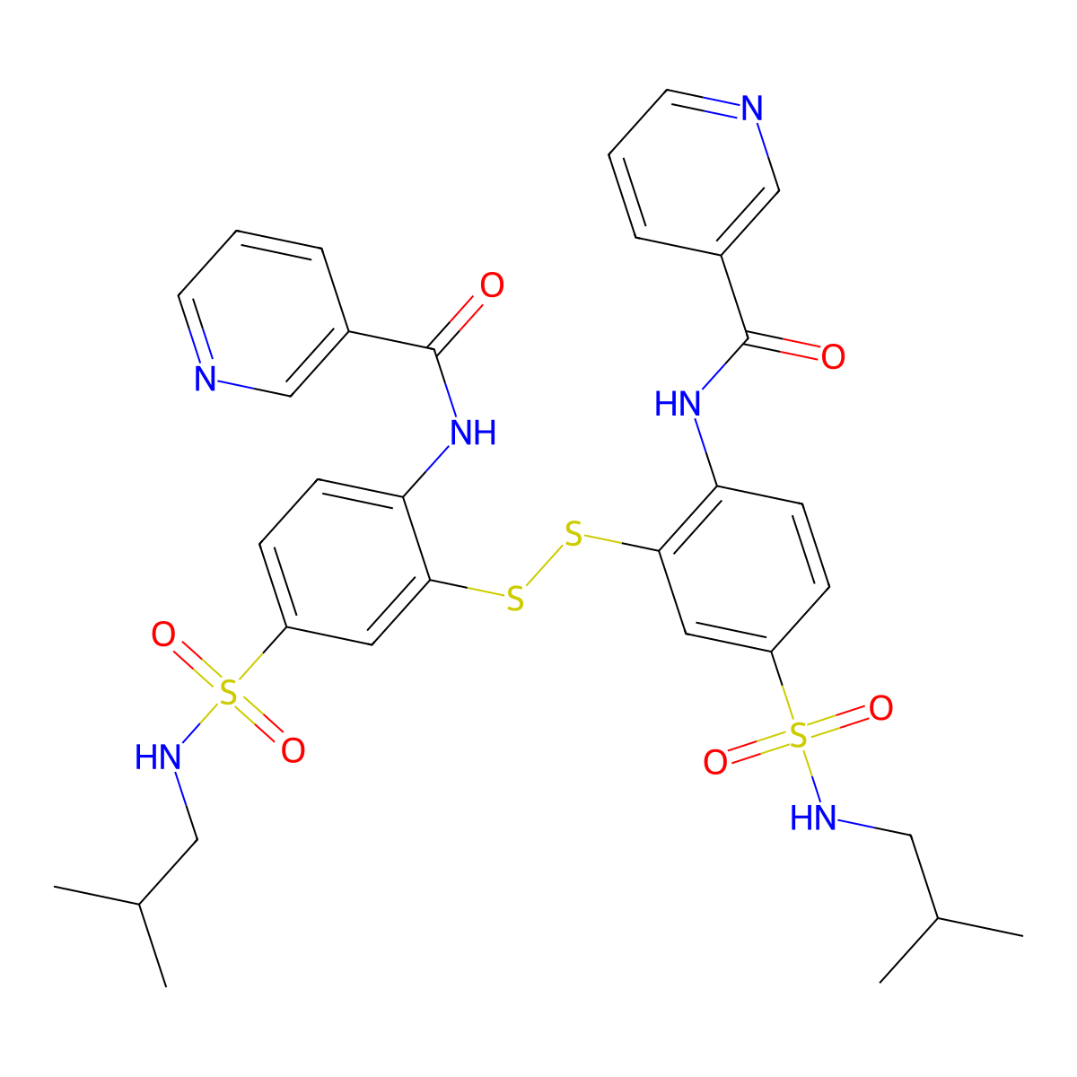 N-{4-[(2-methylpropyl)sulfamoyl]-2-({5-[(2-methylpropyl)sulfamoyl]-2-(pyridine-3-amido)phenyl}disulfanyl)phenyl}pyridine-3-carboxamide molecular structure, CAS 2877630-42-5