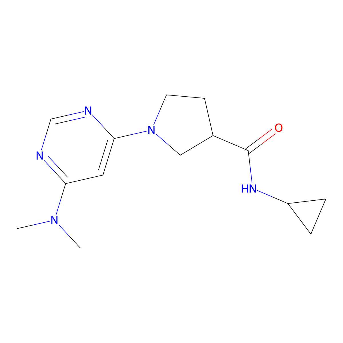 N-cyclopropyl-1-[6-(dimethylamino)pyrimidin-4-yl]pyrrolidine-3-carboxamide molecular structure, CAS 2877630-48-1