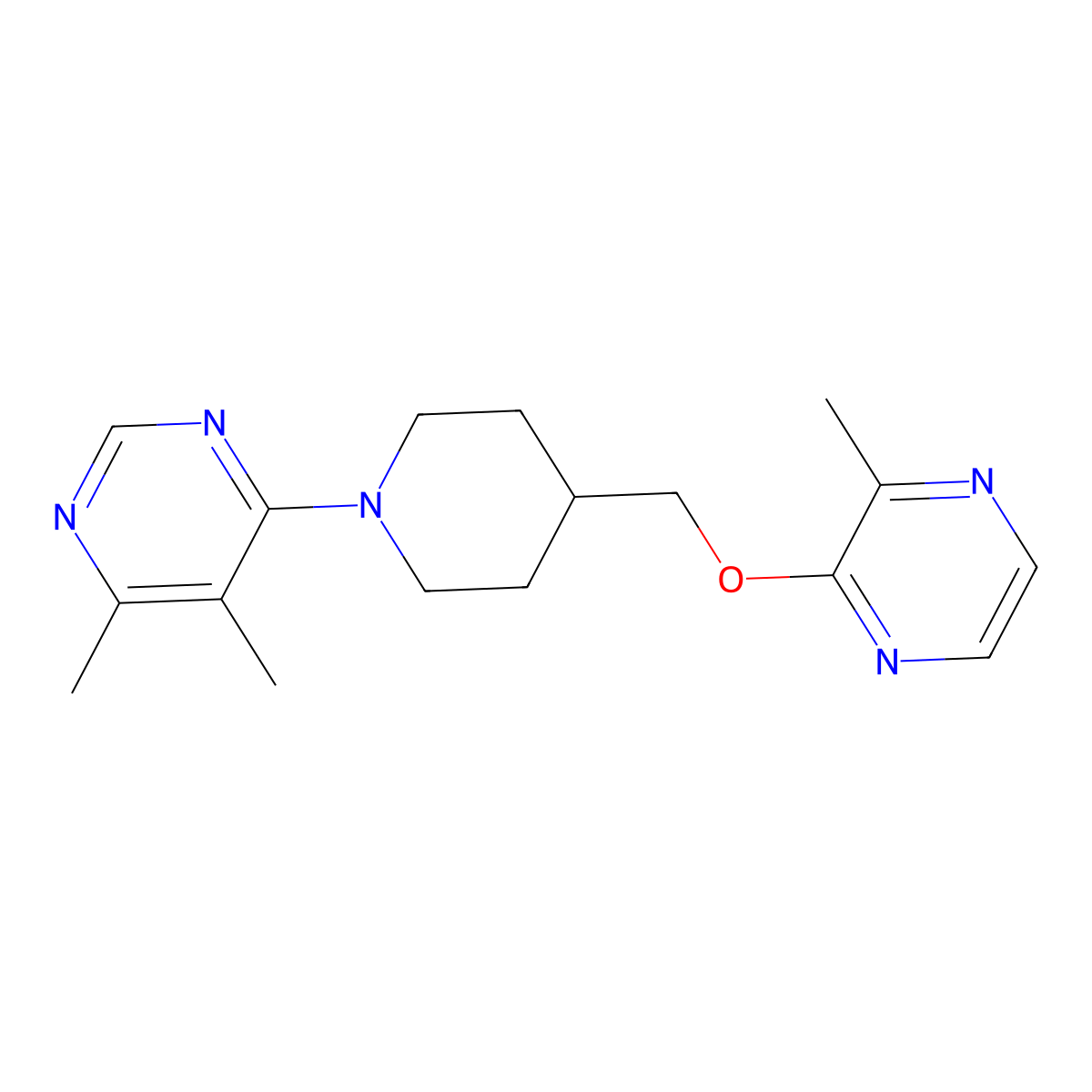 4,5-Dimethyl-6-(4-{[(3-methylpyrazin-2-yl)oxy]methyl}piperidin-1-yl)pyrimidine molecular structure, CAS 2877630-59-4