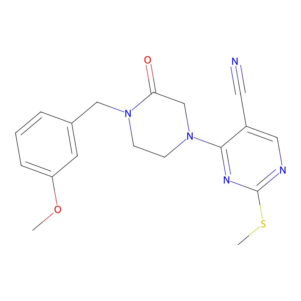 4-{4-[(3-Methoxyphenyl)methyl]-3-oxopiperazin-1-yl}-2-(methylsulfanyl)pyrimidine-5-carbonitrile molecular structure, CAS 2877630-60-7