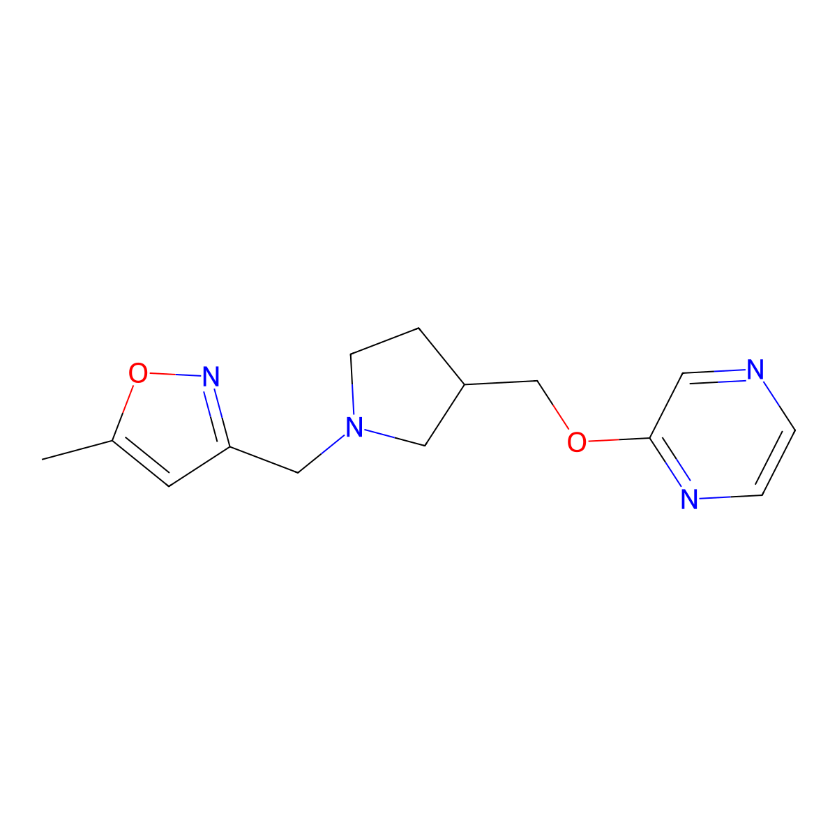 2-({1-[(5-Methyl-1,2-oxazol-3-yl)methyl]pyrrolidin-3-yl}methoxy)pyrazine molecular structure, CAS 2877630-61-8