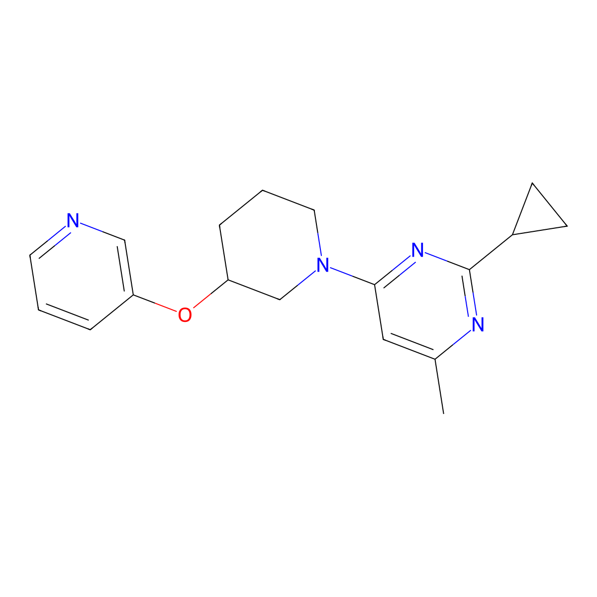 2-Cyclopropyl-4-methyl-6-[3-(pyridin-3-yloxy)piperidin-1-yl]pyrimidine molecular structure, CAS 2877630-63-0