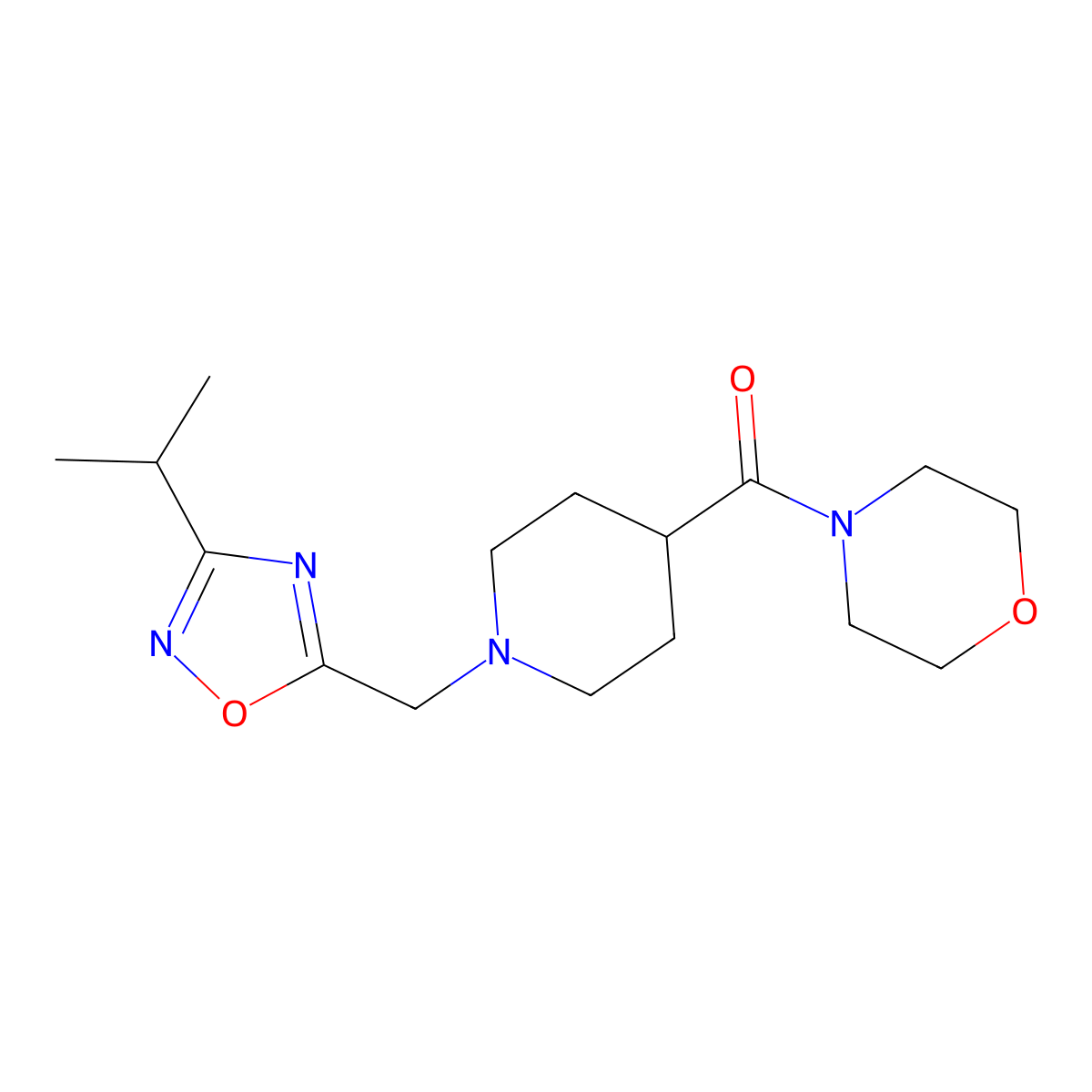 4-(1-{[3-(Propan-2-yl)-1,2,4-oxadiazol-5-yl]methyl}piperidine-4-carbonyl)morpholine molecular structure, CAS 2877630-67-4