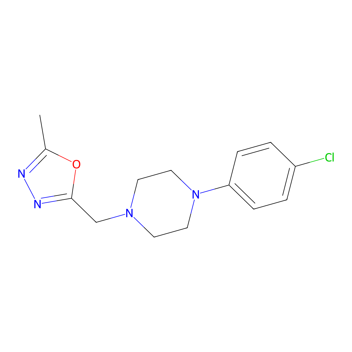 1-(4-Chlorophenyl)-4-[(5-methyl-1,3,4-oxadiazol-2-yl)methyl]piperazine molecular structure, CAS 2877630-68-5