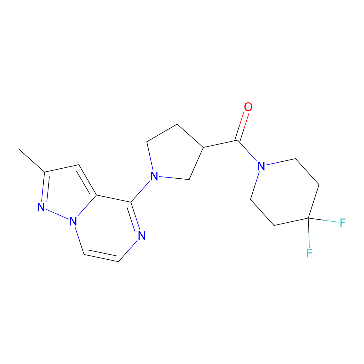 4,4-Difluoro-1-(1-{2-methylpyrazolo[1,5-a]pyrazin-4-yl}pyrrolidine-3-carbonyl)piperidine molecular structure, CAS 2877630-74-3