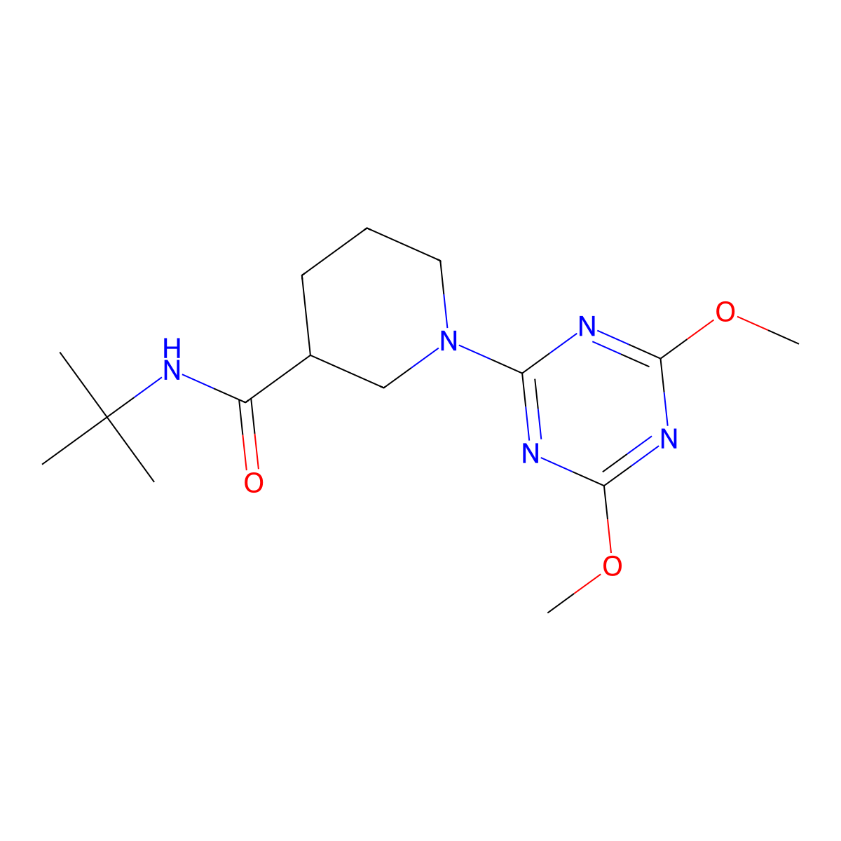 N-tert-butyl-1-(4,6-dimethoxy-1,3,5-triazin-2-yl)piperidine-3-carboxamide molecular structure, CAS 2877630-77-6