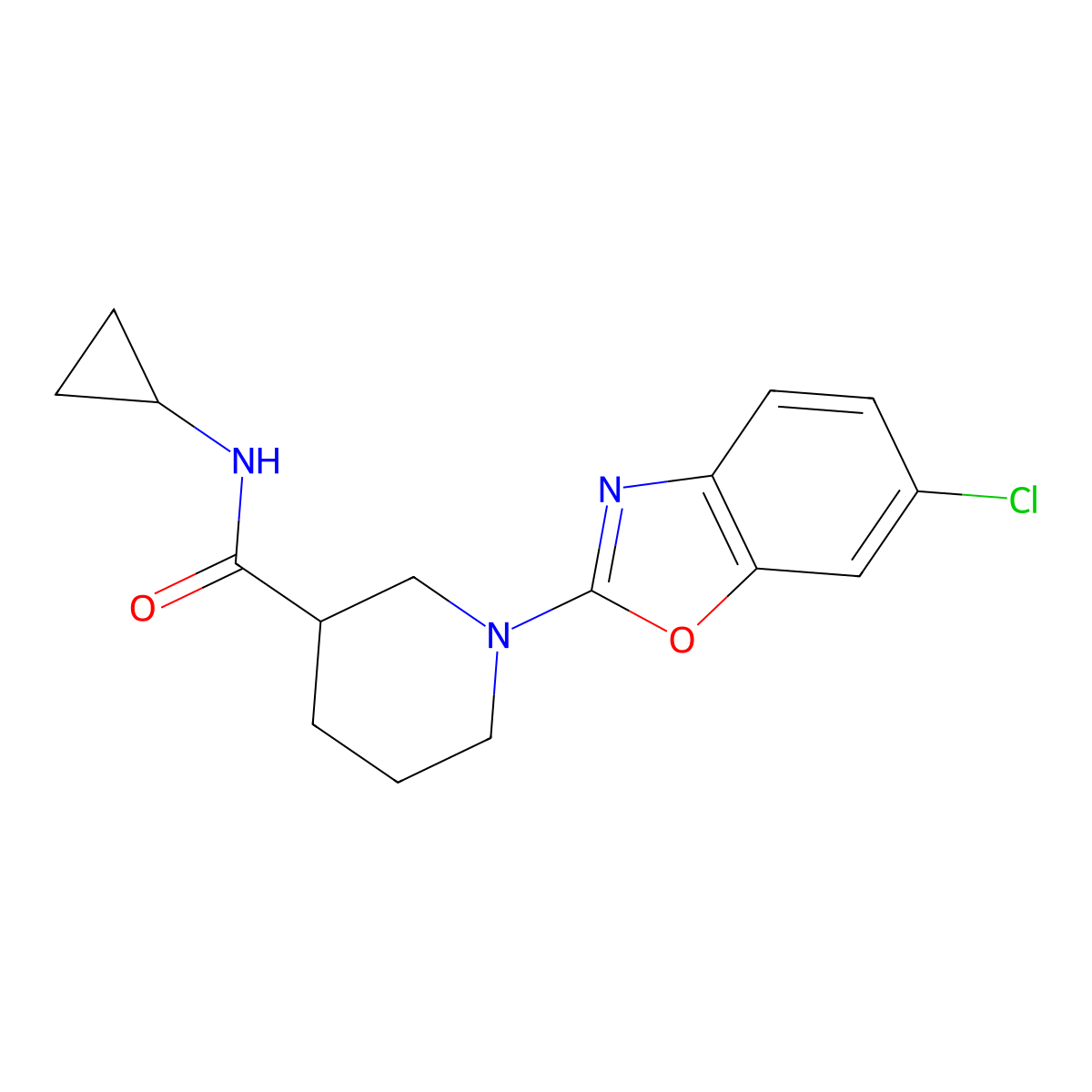 1-(6-chloro-1,3-benzoxazol-2-yl)-N-cyclopropylpiperidine-3-carboxamide molecular structure, CAS 2877630-80-1