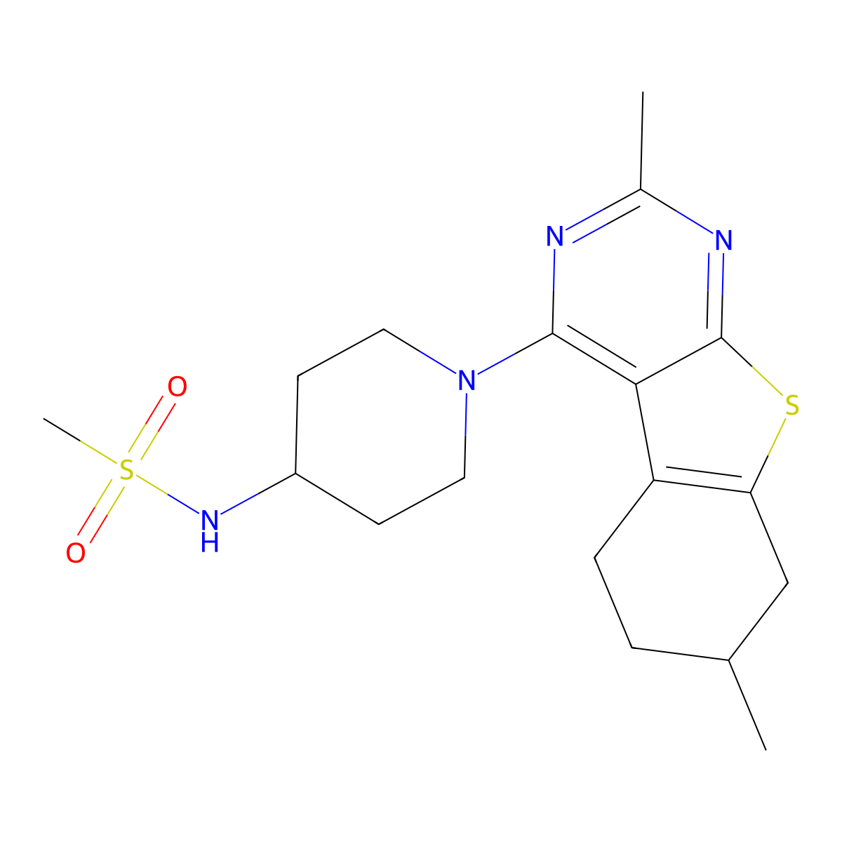 N-(1-{5,11-dimethyl-8-thia-4,6-diazatricyclo[7.4.0.0^{2,7}]trideca-1(9),2,4,6-tetraen-3-yl}piperidin-4-yl)methanesulfonamide molecular structure, CAS 2877630-82-3