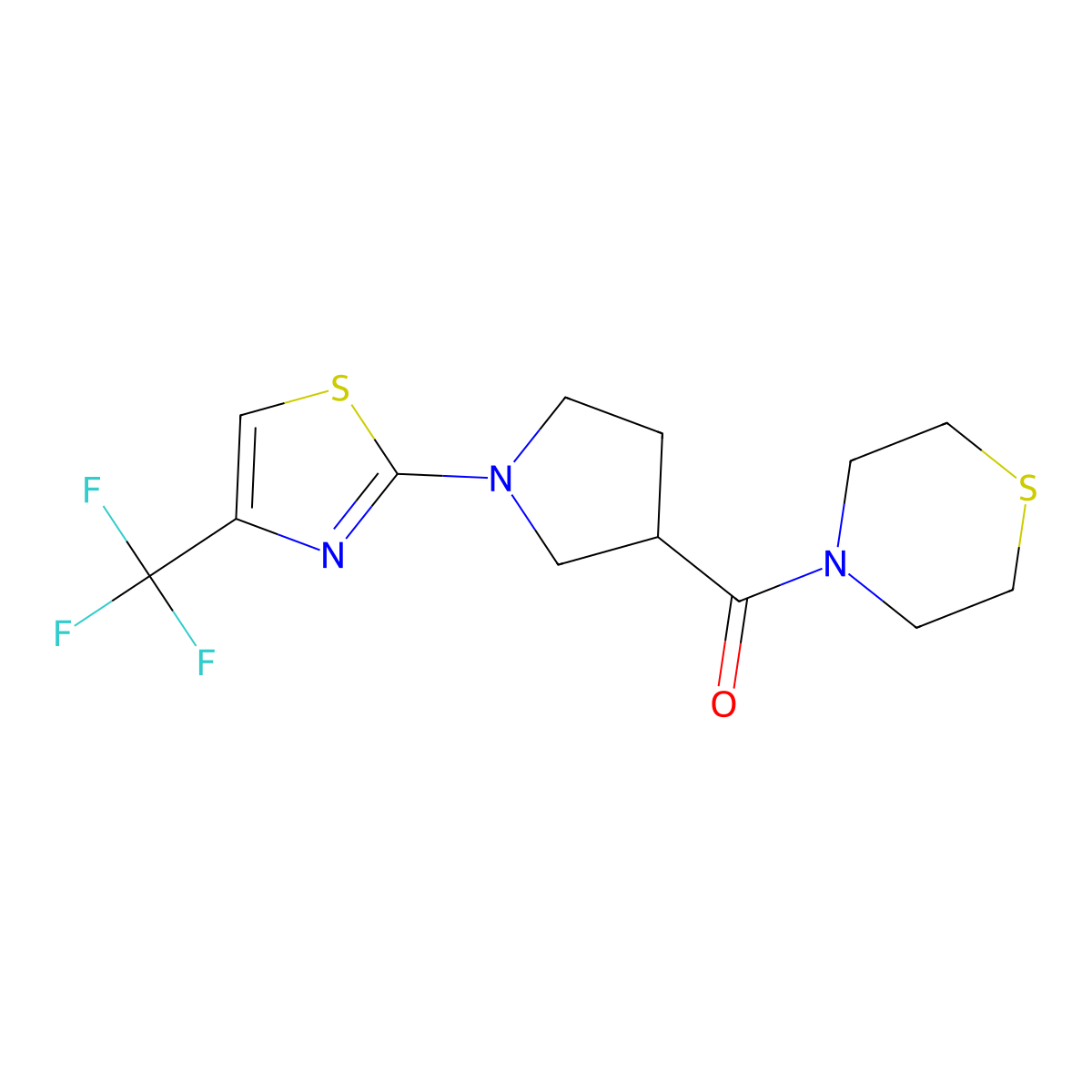 4-{1-[4-(Trifluoromethyl)-1,3-thiazol-2-yl]pyrrolidine-3-carbonyl}thiomorpholine molecular structure, CAS 2877630-84-5