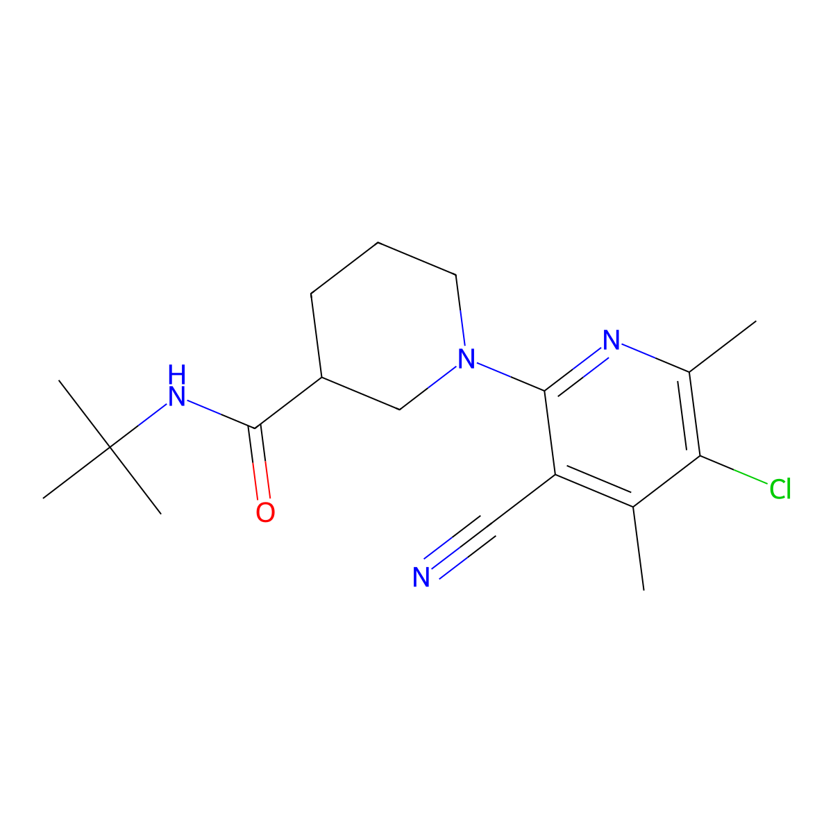 N-tert-butyl-1-(5-chloro-3-cyano-4,6-dimethylpyridin-2-yl)piperidine-3-carboxamide molecular structure, CAS 2877630-89-0