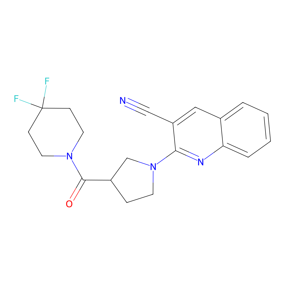 2-[3-(4,4-Difluoropiperidine-1-carbonyl)pyrrolidin-1-yl]quinoline-3-carbonitrile molecular structure, CAS 2877630-93-6