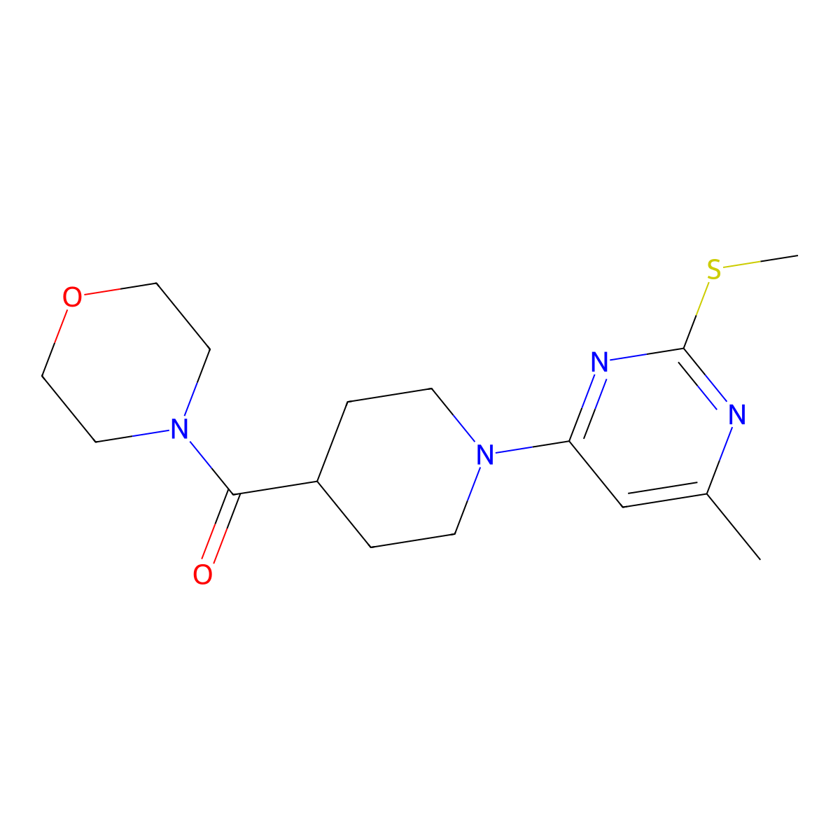 4-{1-[6-Methyl-2-(methylsulfanyl)pyrimidin-4-yl]piperidine-4-carbonyl}morpholine molecular structure, CAS 2877630-94-7