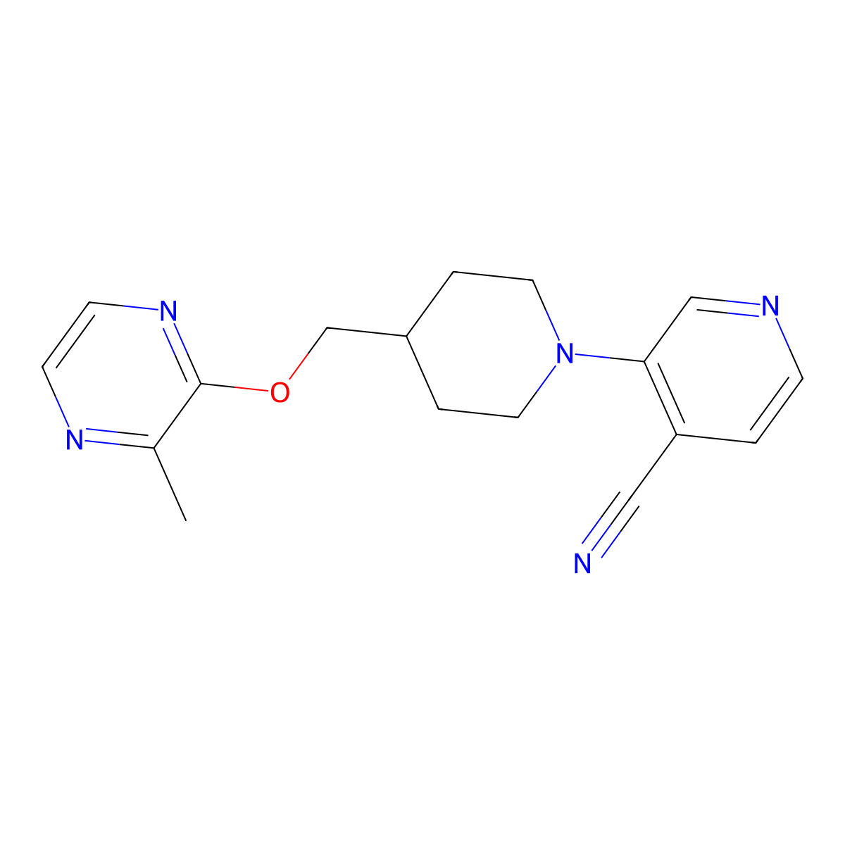 3-(4-{[(3-Methylpyrazin-2-yl)oxy]methyl}piperidin-1-yl)pyridine-4-carbonitrile molecular structure, CAS 2877631-08-6