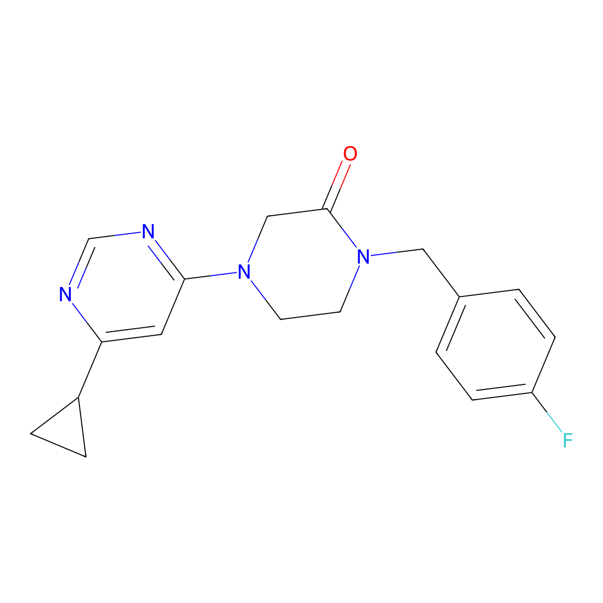 4-(6-Cyclopropylpyrimidin-4-yl)-1-[(4-fluorophenyl)methyl]piperazin-2-one molecular structure, CAS 2877631-12-2