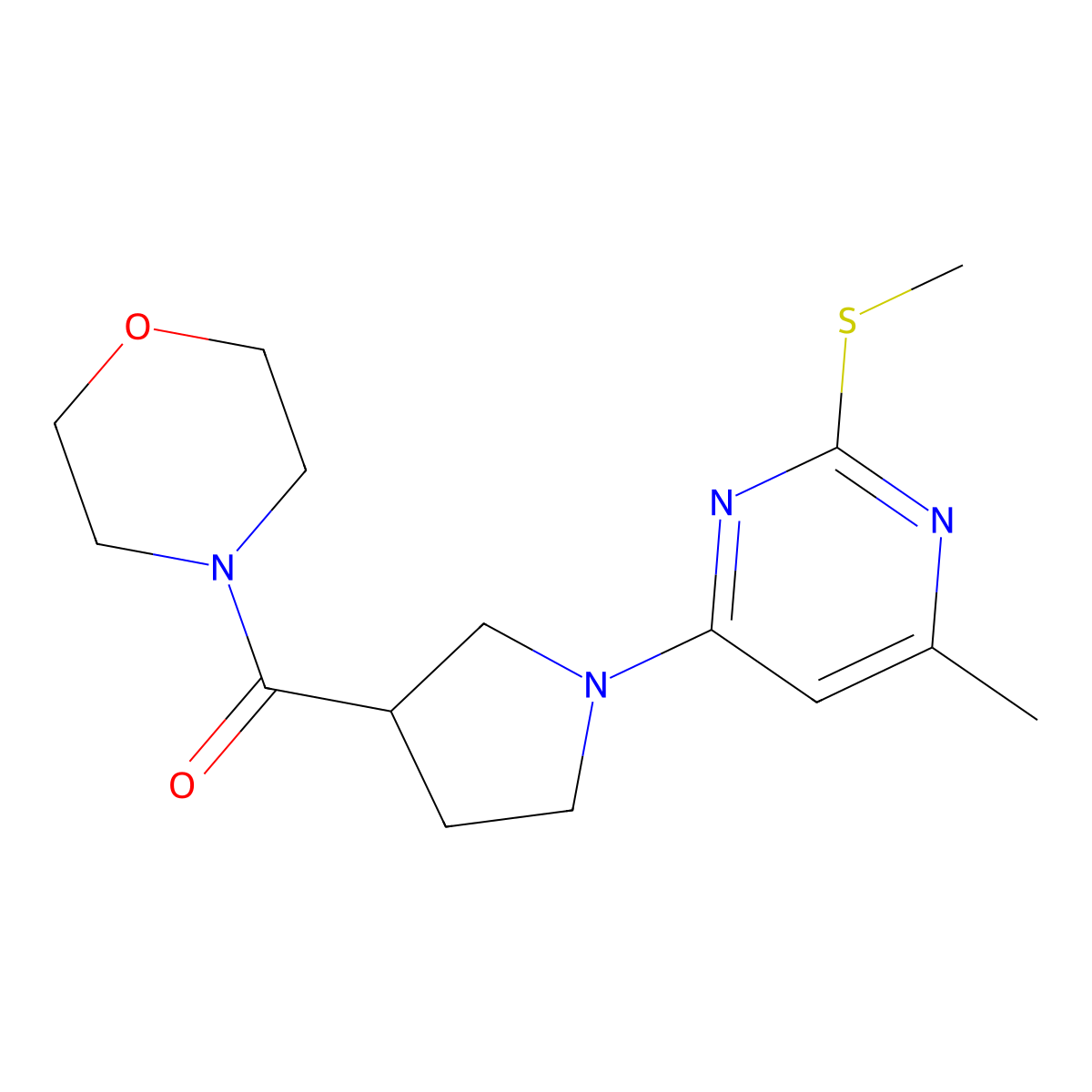 4-{1-[6-Methyl-2-(methylsulfanyl)pyrimidin-4-yl]pyrrolidine-3-carbonyl}morpholine molecular structure, CAS 2877631-19-9