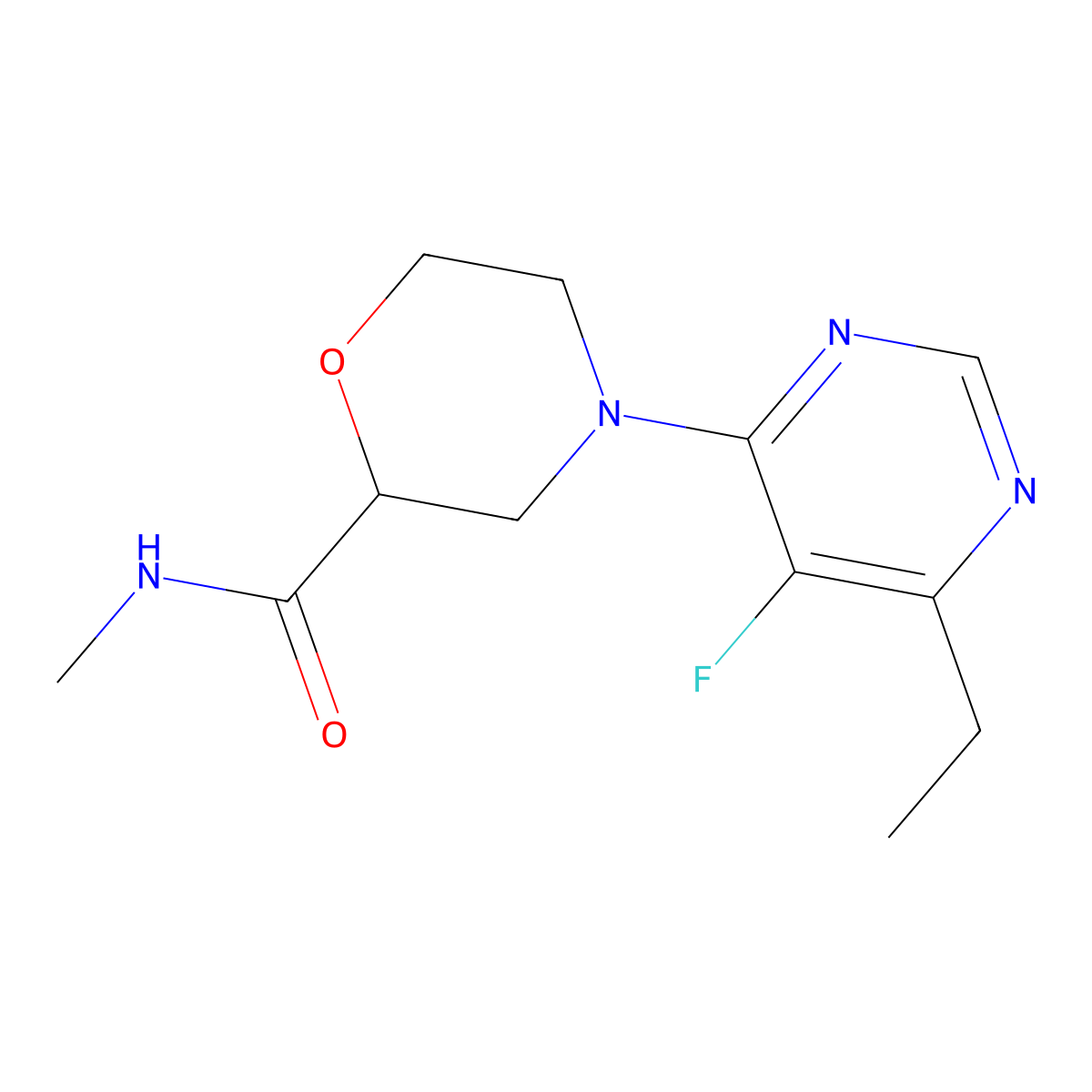 4-(6-ethyl-5-fluoropyrimidin-4-yl)-N-methylmorpholine-2-carboxamide molecular structure, CAS 2877631-22-4