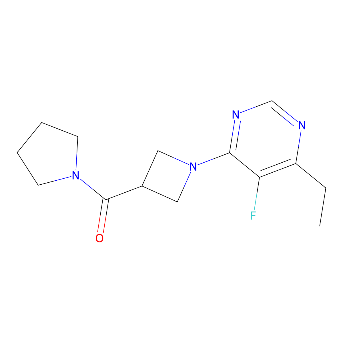 4-Ethyl-5-fluoro-6-[3-(pyrrolidine-1-carbonyl)azetidin-1-yl]pyrimidine molecular structure, CAS 2877631-24-6