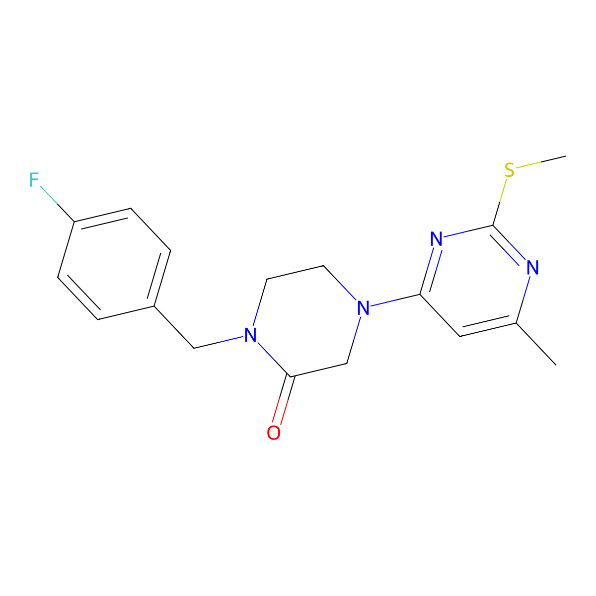 1-[(4-Fluorophenyl)methyl]-4-[6-methyl-2-(methylsulfanyl)pyrimidin-4-yl]piperazin-2-one molecular structure, CAS 2877631-25-7