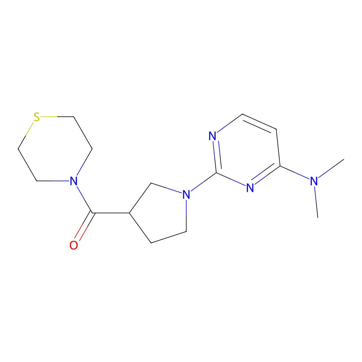 N,N-dimethyl-2-[3-(thiomorpholine-4-carbonyl)pyrrolidin-1-yl]pyrimidin-4-amine molecular structure, CAS 2877631-26-8