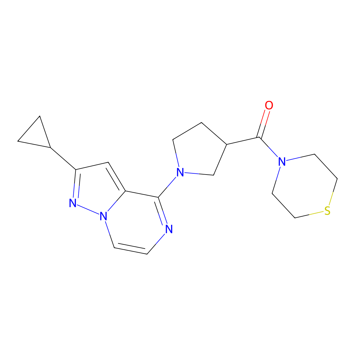 4-(1-{2-Cyclopropylpyrazolo[1,5-a]pyrazin-4-yl}pyrrolidine-3-carbonyl)thiomorpholine molecular structure, CAS 2877631-30-4
