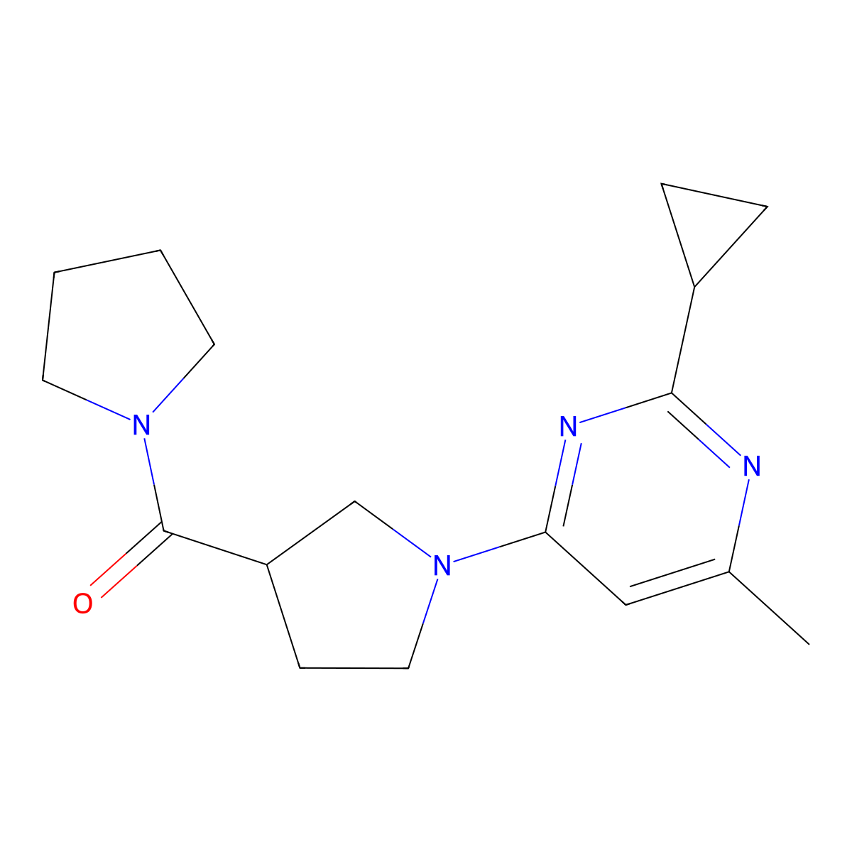 2-Cyclopropyl-4-methyl-6-[3-(pyrrolidine-1-carbonyl)pyrrolidin-1-yl]pyrimidine molecular structure, CAS 2877631-35-9