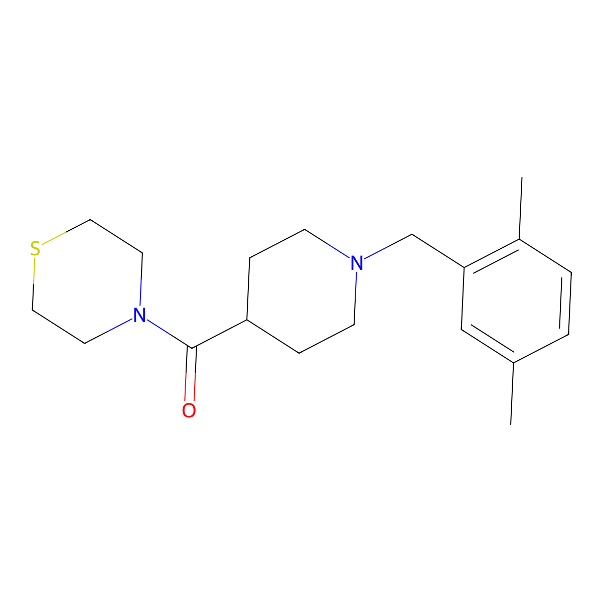 4-{1-[(2,5-Dimethylphenyl)methyl]piperidine-4-carbonyl}thiomorpholine molecular structure, CAS 2877631-36-0