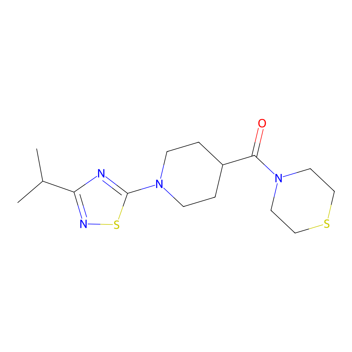 4-{1-[3-(Propan-2-yl)-1,2,4-thiadiazol-5-yl]piperidine-4-carbonyl}thiomorpholine molecular structure, CAS 2877631-40-6
