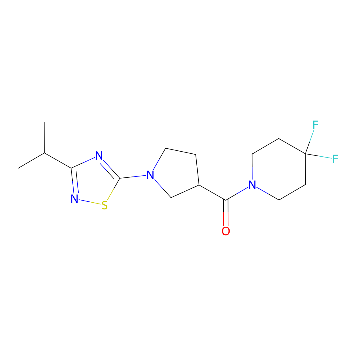 4,4-Difluoro-1-{1-[3-(propan-2-yl)-1,2,4-thiadiazol-5-yl]pyrrolidine-3-carbonyl}piperidine molecular structure, CAS 2877631-46-2