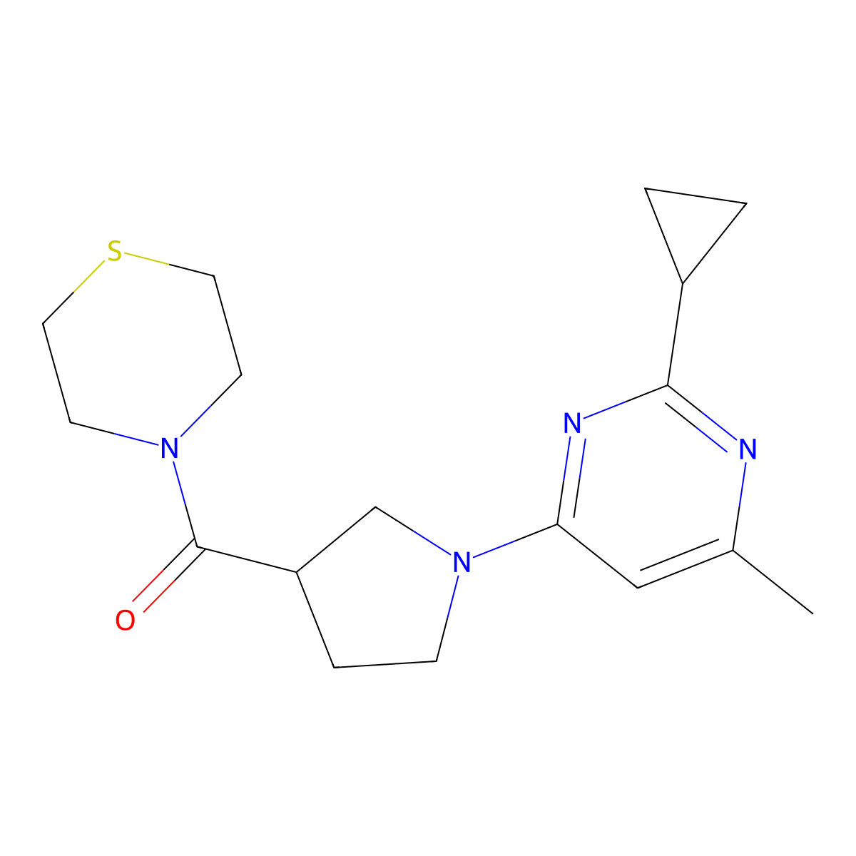 4-[1-(2-Cyclopropyl-6-methylpyrimidin-4-yl)pyrrolidine-3-carbonyl]thiomorpholine molecular structure, CAS 2877631-61-1
