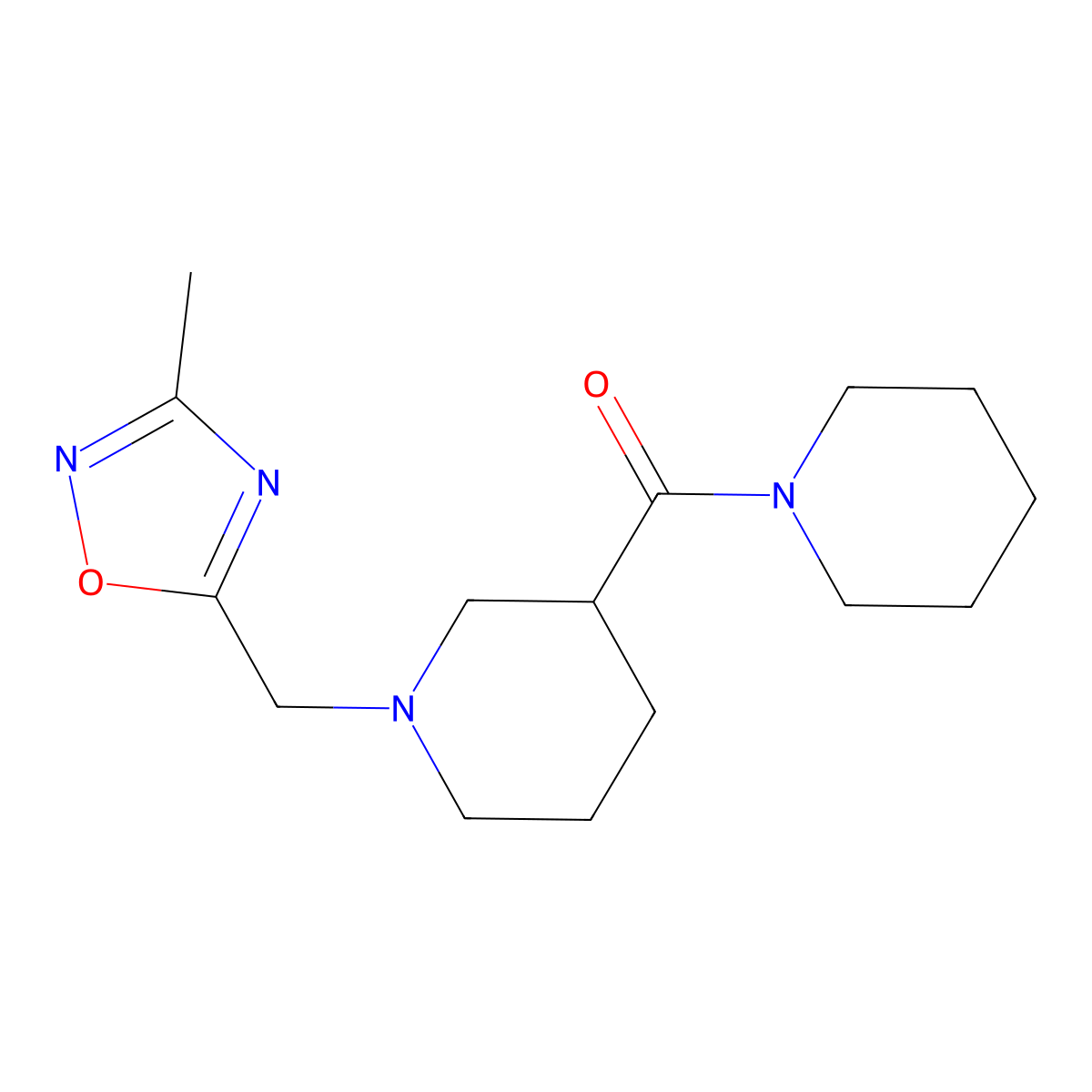 1-[(3-Methyl-1,2,4-oxadiazol-5-yl)methyl]-3-(piperidine-1-carbonyl)piperidine molecular structure, CAS 2877631-63-3