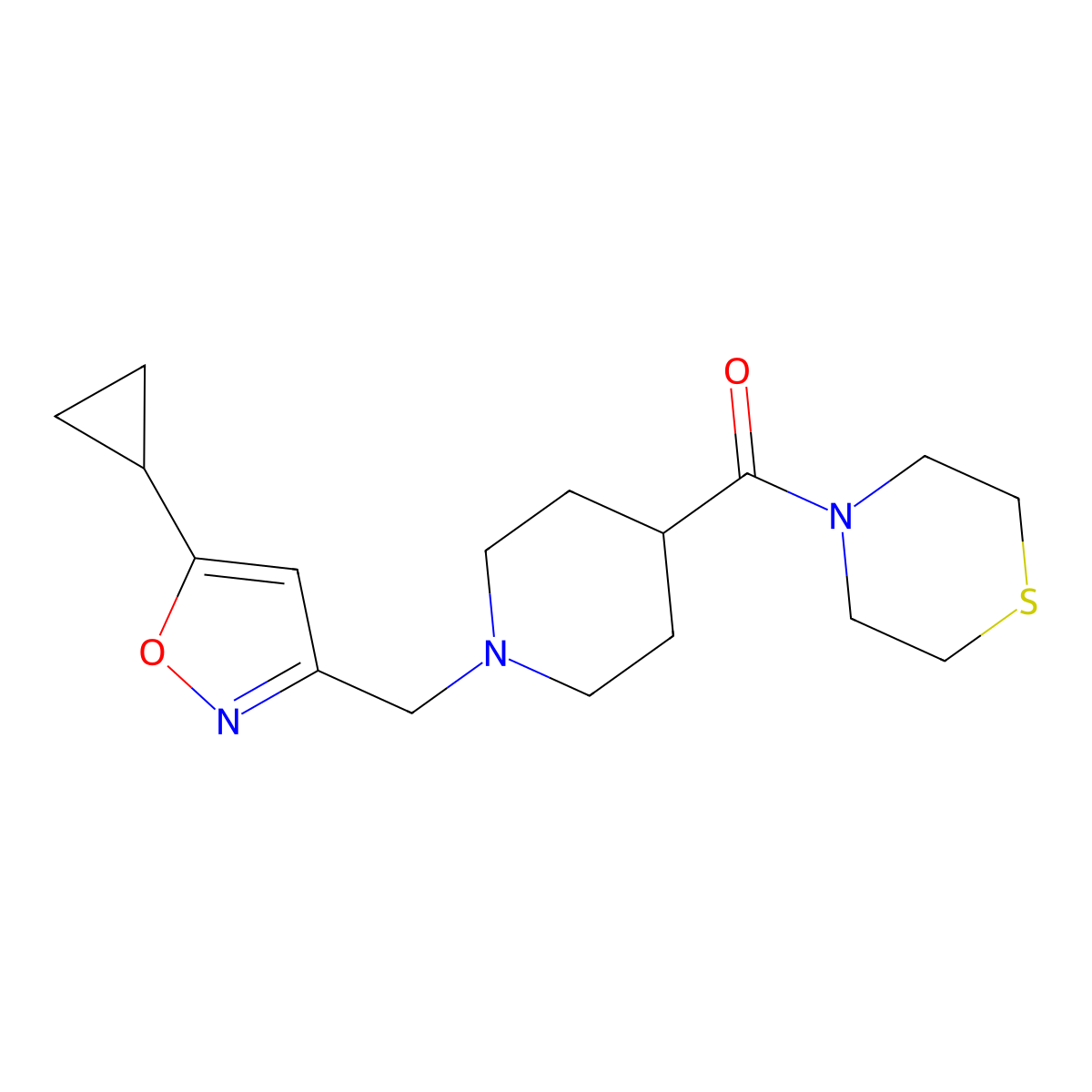 4-{1-[(5-Cyclopropyl-1,2-oxazol-3-yl)methyl]piperidine-4-carbonyl}thiomorpholine molecular structure, CAS 2877631-67-7
