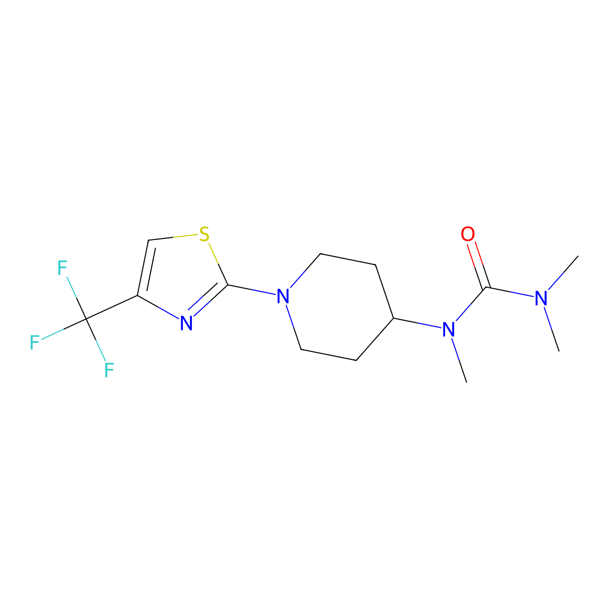 1,3,3-Trimethyl-1-{1-[4-(trifluoromethyl)-1,3-thiazol-2-yl]piperidin-4-yl}urea molecular structure, CAS 2877631-71-3