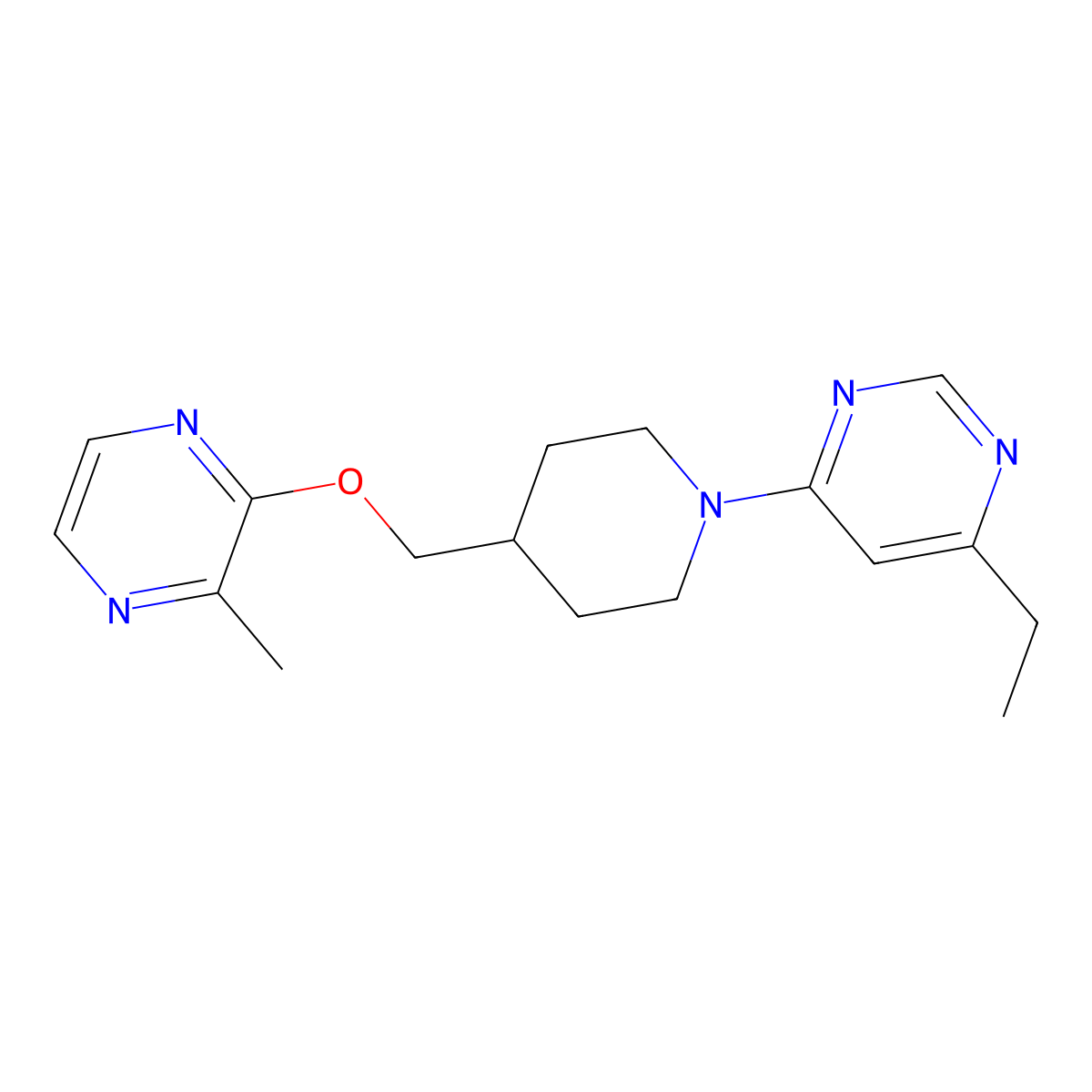 4-Ethyl-6-(4-{[(3-methylpyrazin-2-yl)oxy]methyl}piperidin-1-yl)pyrimidine molecular structure, CAS 2877631-79-1