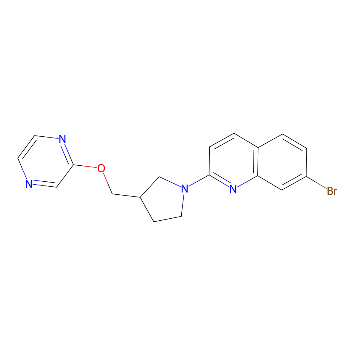 7-Bromo-2-{3-[(pyrazin-2-yloxy)methyl]pyrrolidin-1-yl}quinoline molecular structure, CAS 2877631-86-0