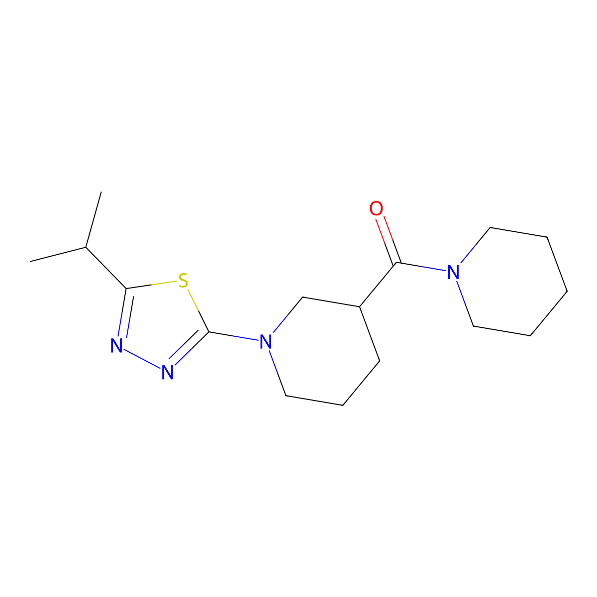 3-(Piperidine-1-carbonyl)-1-[5-(propan-2-yl)-1,3,4-thiadiazol-2-yl]piperidine molecular structure, CAS 2877631-89-3
