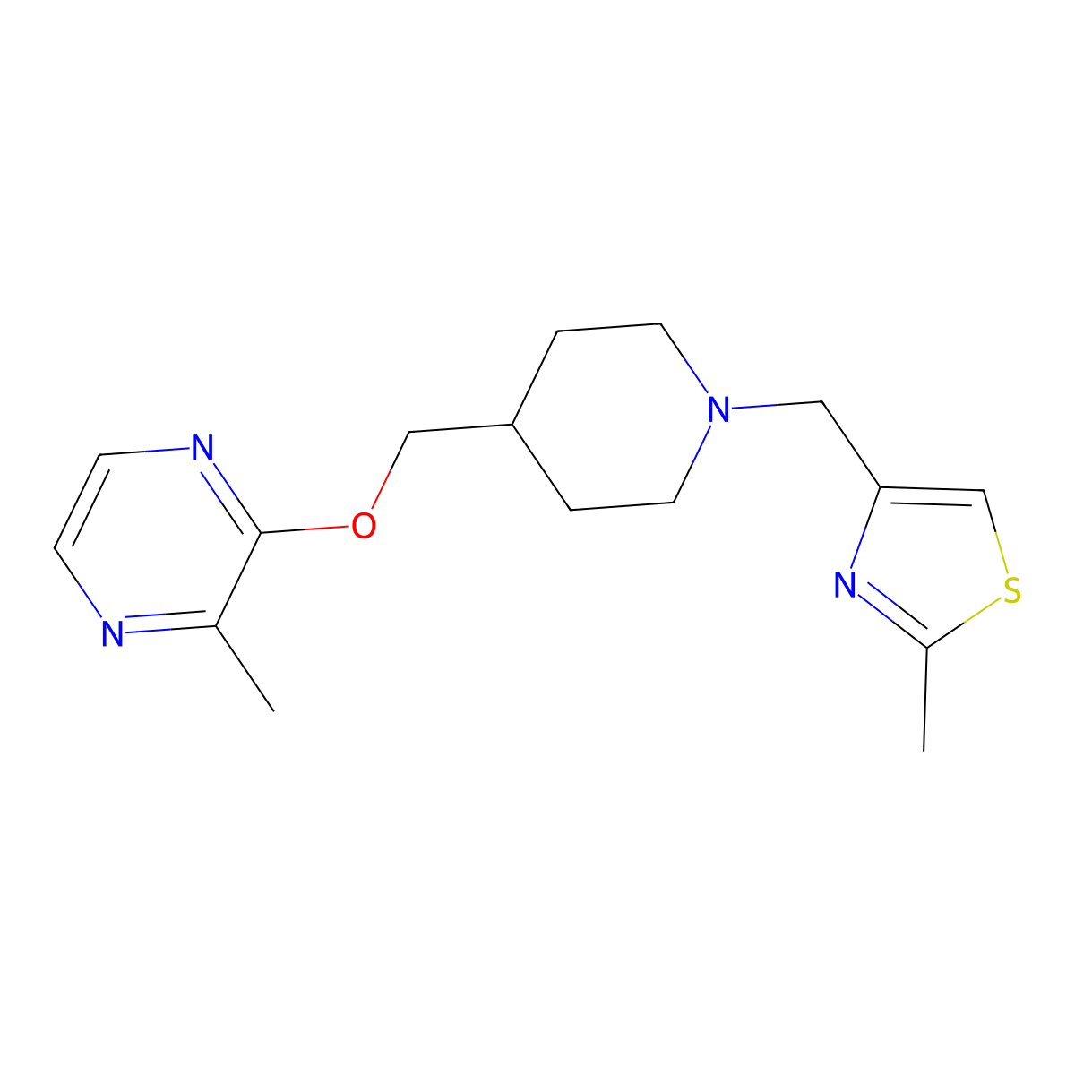 2-Methyl-3-({1-[(2-methyl-1,3-thiazol-4-yl)methyl]piperidin-4-yl}methoxy)pyrazine molecular structure, CAS 2877631-94-0