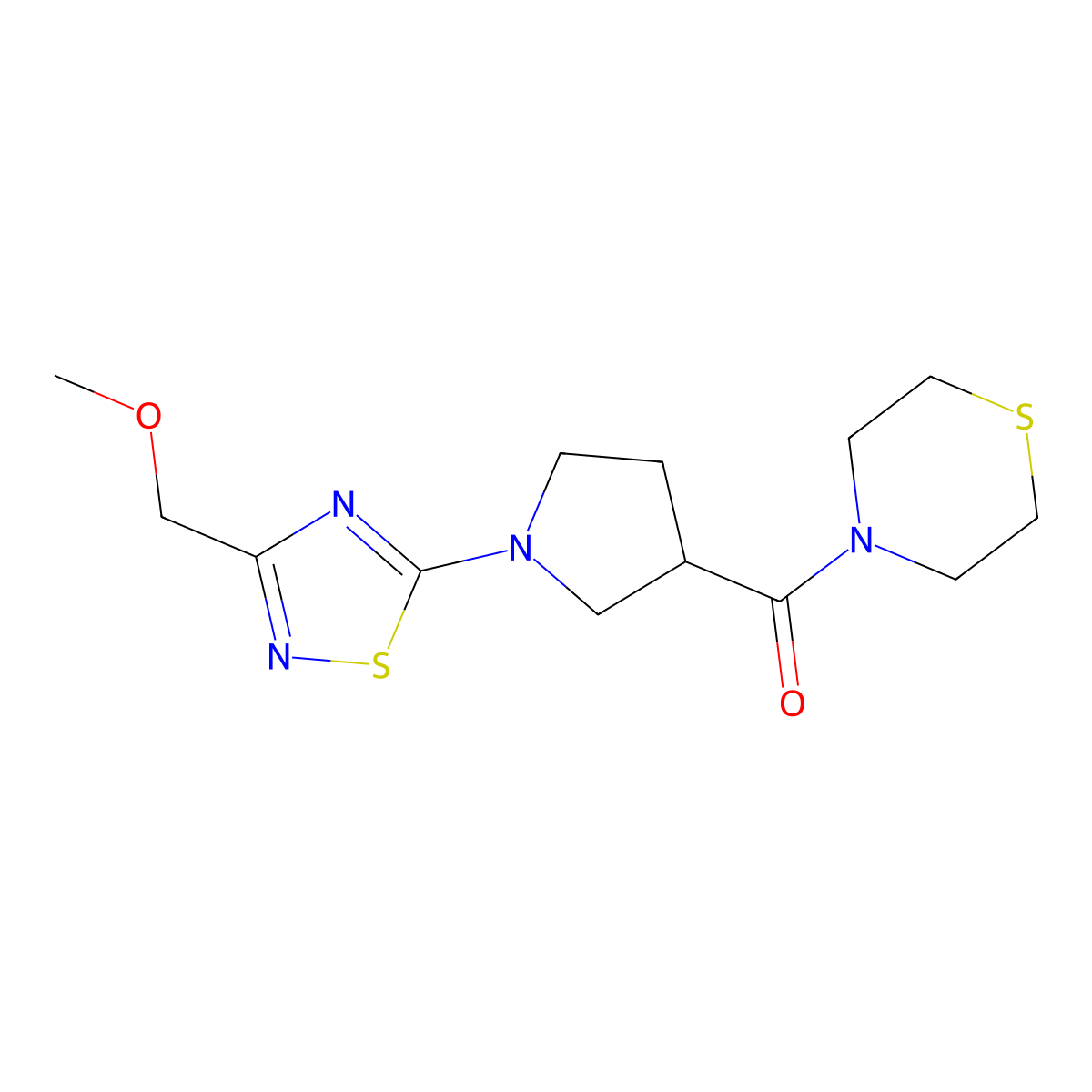 4-{1-[3-(Methoxymethyl)-1,2,4-thiadiazol-5-yl]pyrrolidine-3-carbonyl}thiomorpholine molecular structure, CAS 2877631-99-5