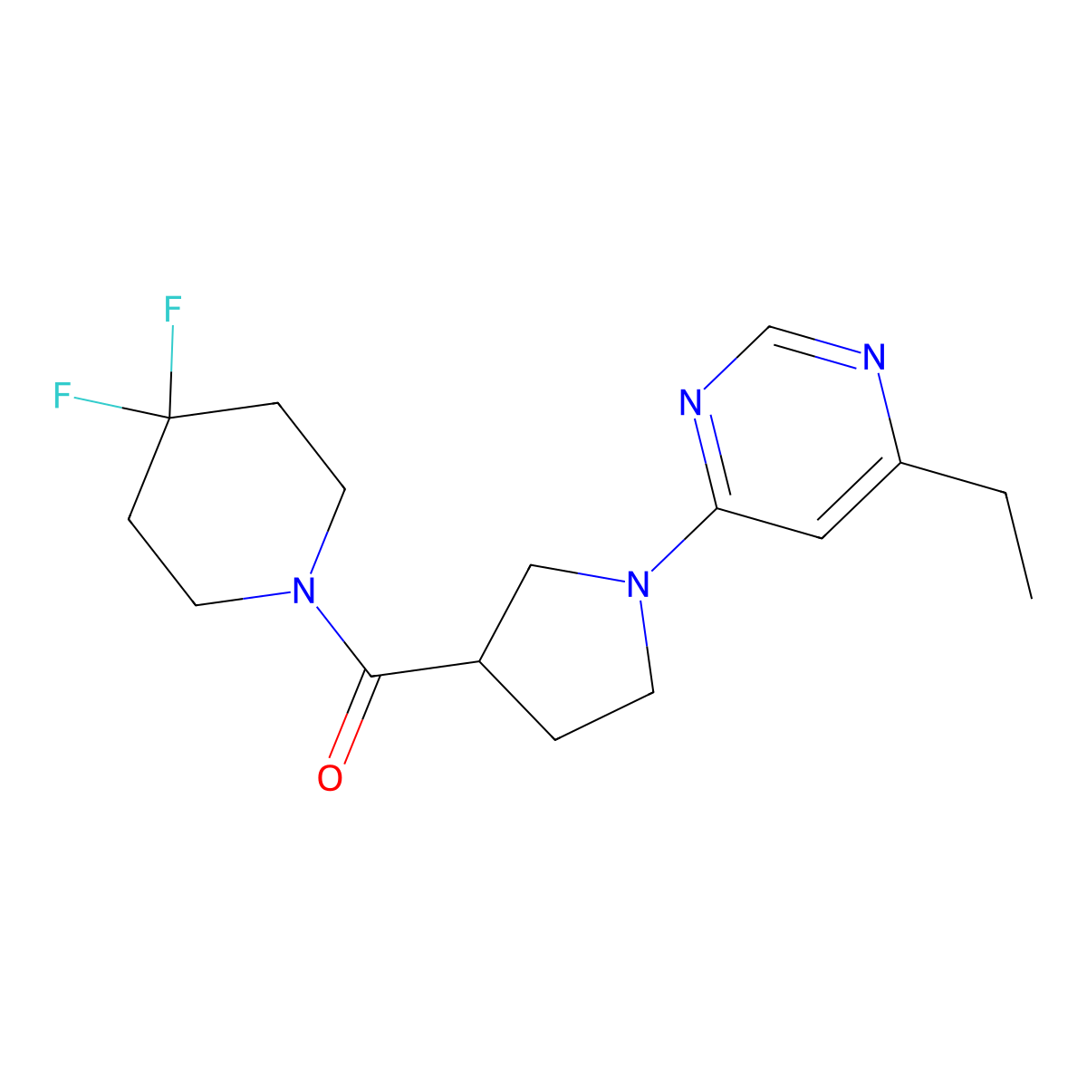 4-[3-(4,4-Difluoropiperidine-1-carbonyl)pyrrolidin-1-yl]-6-ethylpyrimidine molecular structure, CAS 2877632-01-2
