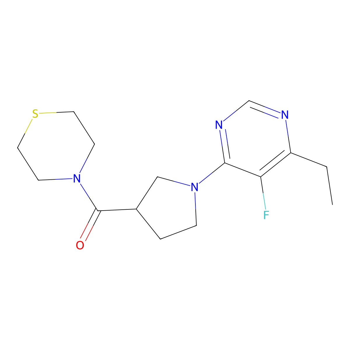 4-[1-(6-Ethyl-5-fluoropyrimidin-4-yl)pyrrolidine-3-carbonyl]thiomorpholine molecular structure, CAS 2877632-14-7