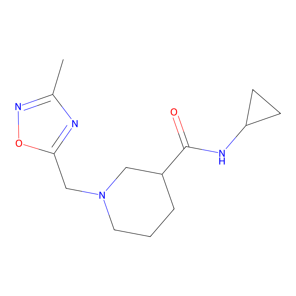 N-cyclopropyl-1-[(3-methyl-1,2,4-oxadiazol-5-yl)methyl]piperidine-3-carboxamide molecular structure, CAS 2877632-19-2