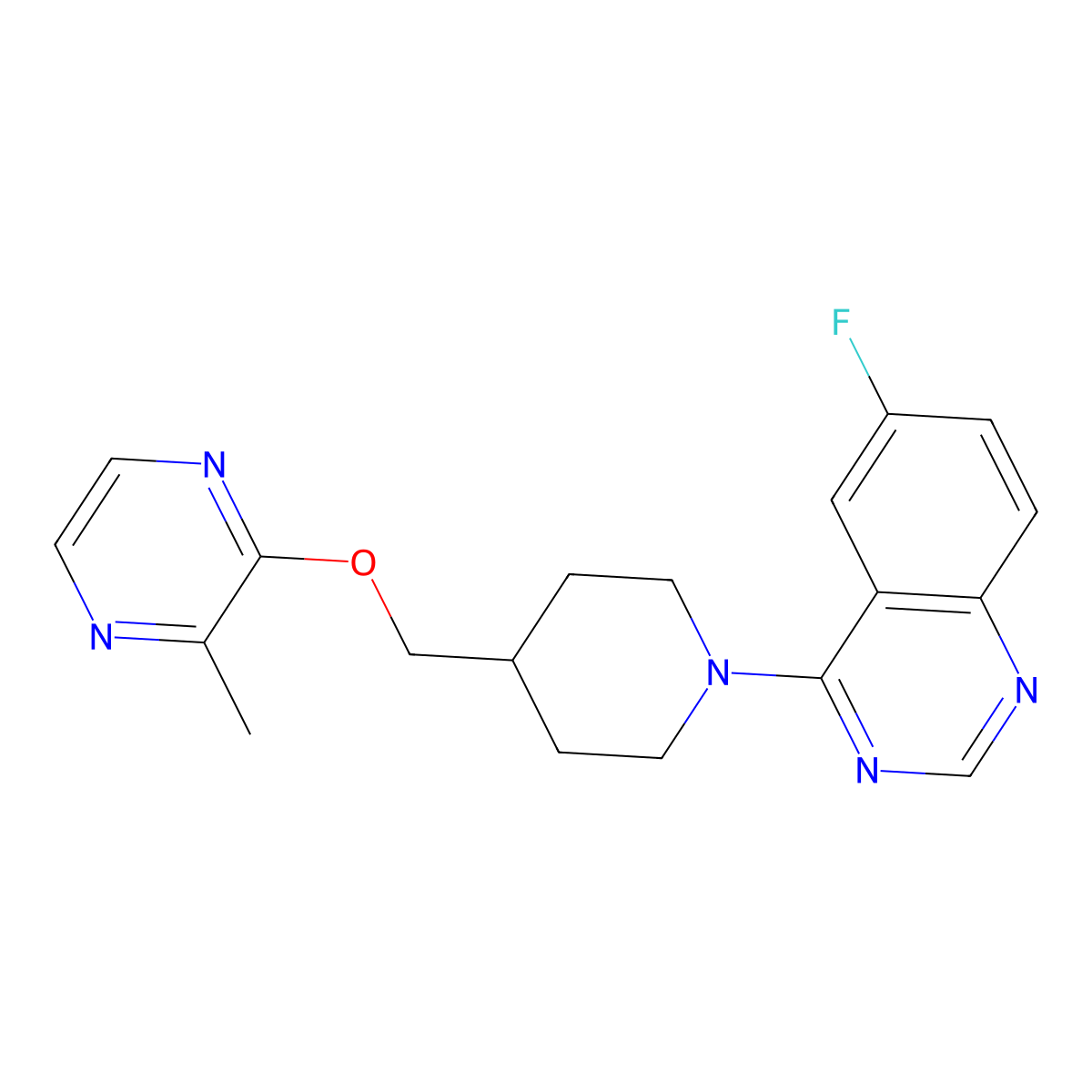 6-Fluoro-4-(4-{[(3-methylpyrazin-2-yl)oxy]methyl}piperidin-1-yl)quinazoline molecular structure, CAS 2877632-21-6