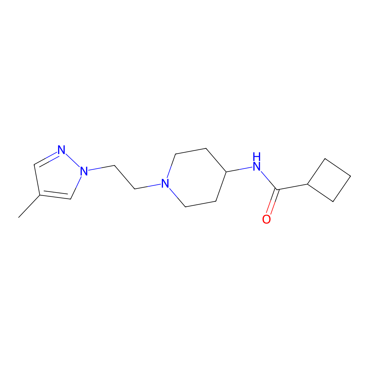 N-{1-[2-(4-methyl-1H-pyrazol-1-yl)ethyl]piperidin-4-yl}cyclobutanecarboxamide molecular structure, CAS 2877632-23-8