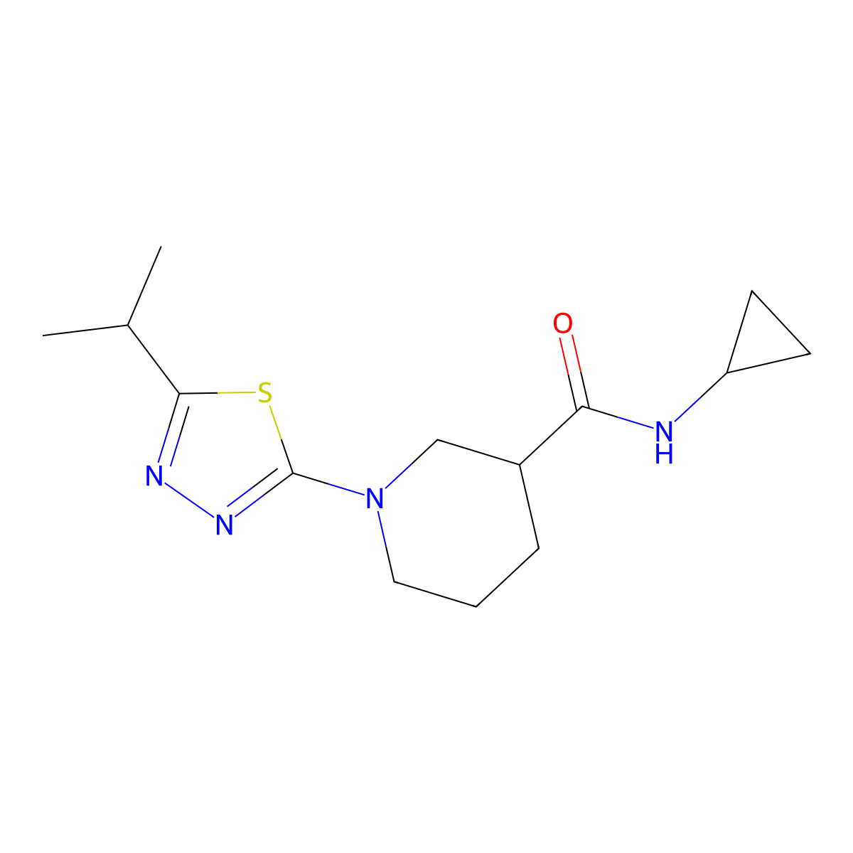 N-cyclopropyl-1-[5-(propan-2-yl)-1,3,4-thiadiazol-2-yl]piperidine-3-carboxamide molecular structure, CAS 2877632-26-1