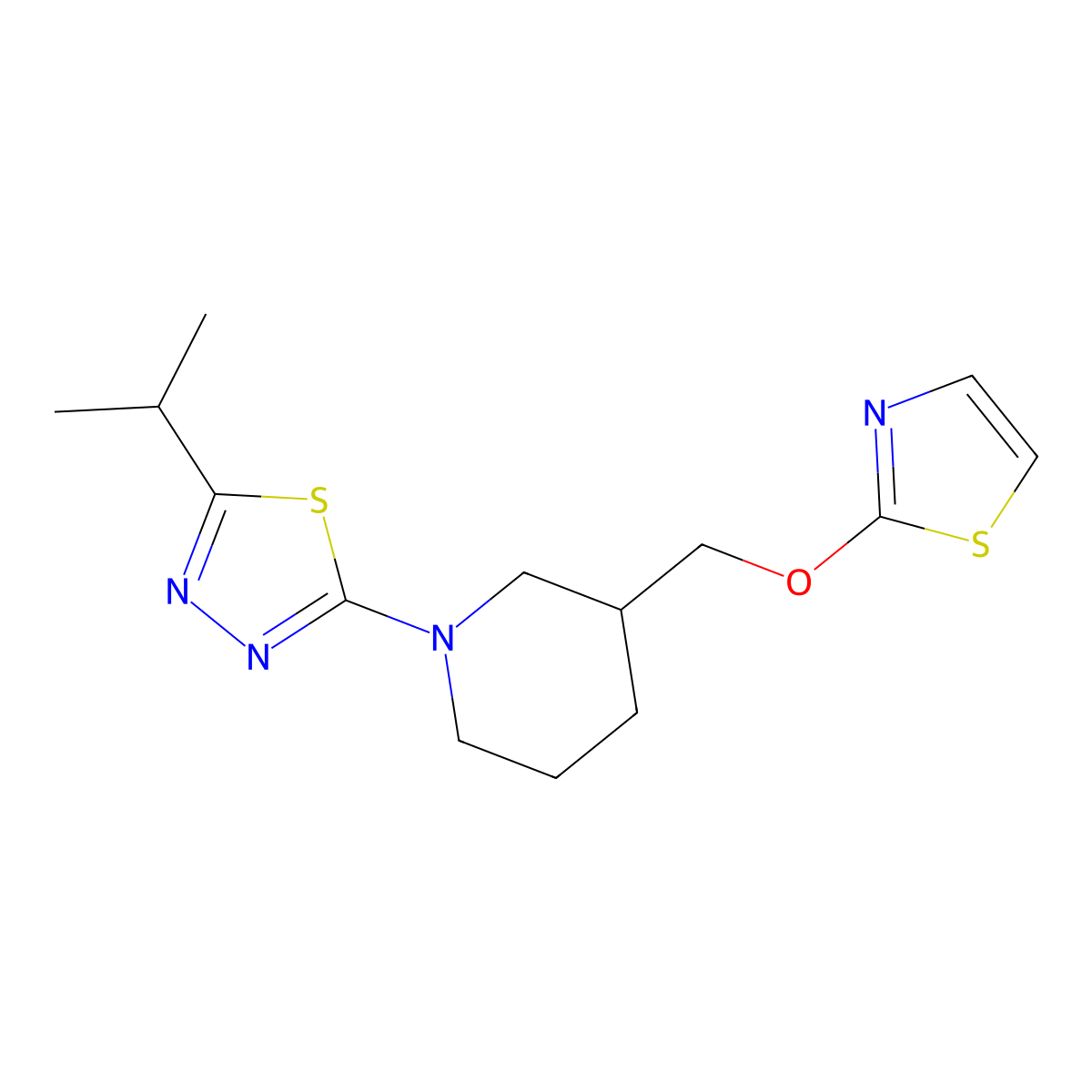 1-[5-(Propan-2-yl)-1,3,4-thiadiazol-2-yl]-3-[(1,3-thiazol-2-yloxy)methyl]piperidine molecular structure, CAS 2877632-32-9