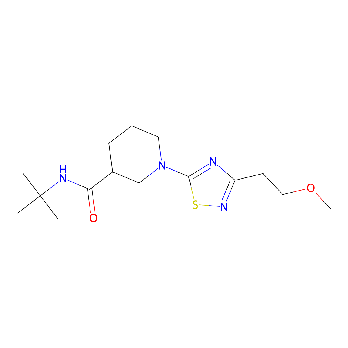 N-tert-butyl-1-[3-(2-methoxyethyl)-1,2,4-thiadiazol-5-yl]piperidine-3-carboxamide molecular structure, CAS 2877632-36-3